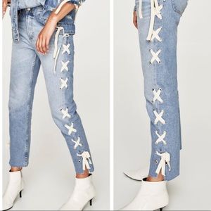 Zara Lace-Up High Ride Raw Hem Straight Leg Jeans